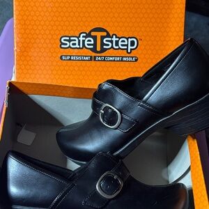 SAFE T STEP Black Women's Mules with Buckle SLIP RESISTANT new